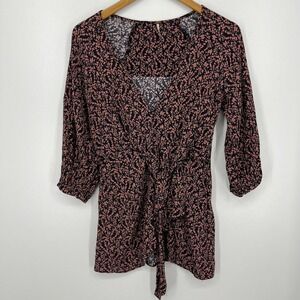 Free People Mini Dress‎ Women's Size S Black Clara Floral Wrap Deep V-Neck